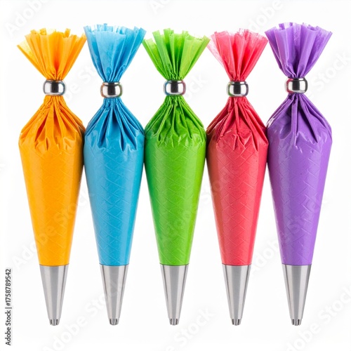 Colorful Piping Bags with Silver Tips on White Background