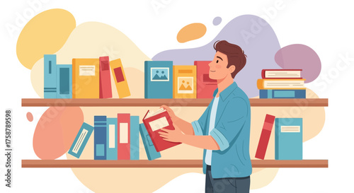A Person Browsing The Bookshelf, Choosing A Specific One, Cartoon Illustration, Reader
