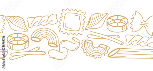Seamless border with different pasta types. Horizontal pattern with food	elements in doodle style