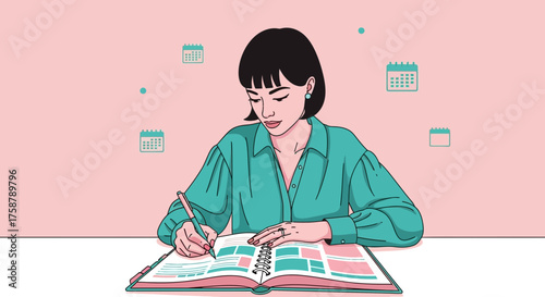 A Person Organizing Plans And Schedules In a Journal With Calendars in the Background