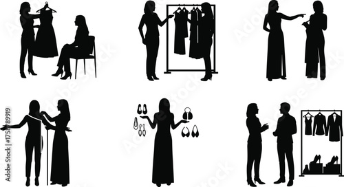 Fashion consultation, clothing rack, personal styling, shopping, accessories, women silhouette, dress fitting, retail interaction, style advice, garment selection