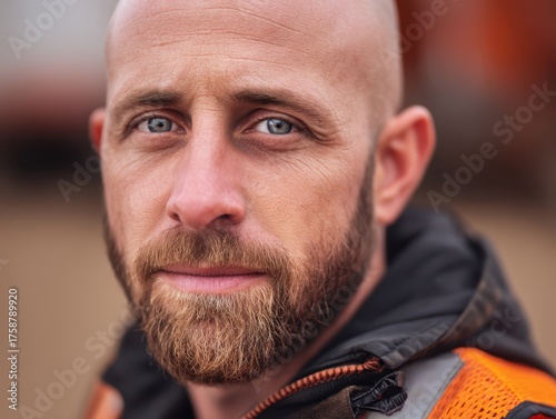 Bald man with blue eyes and...