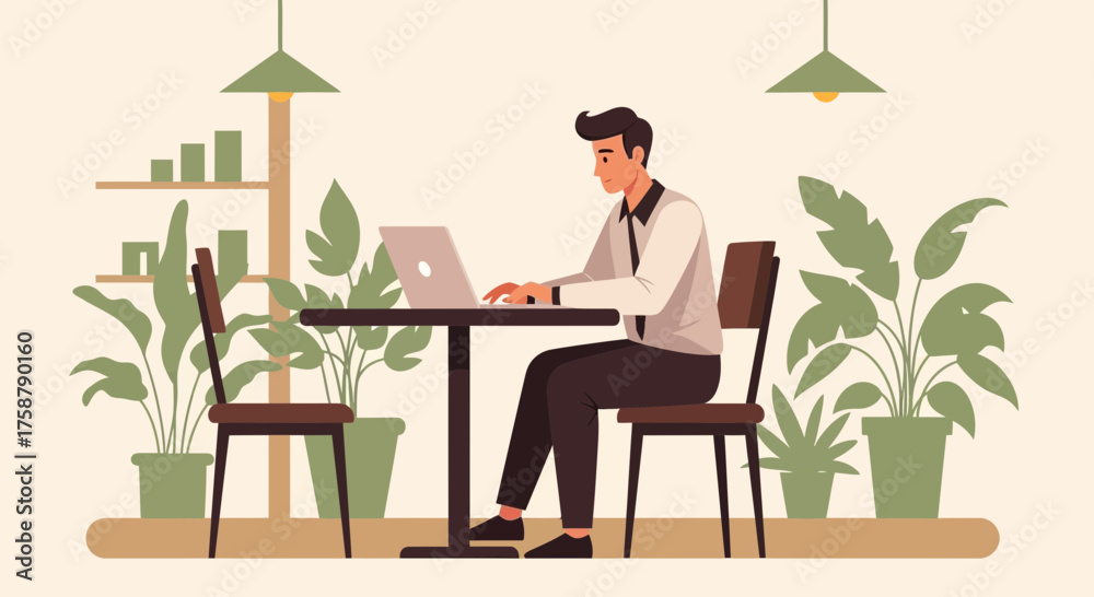 Fototapeta premium A Person Working With a Laptop at the Table in a Modern Interior Design