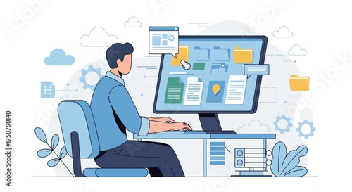 A Person Working On The Computer Managing Digital Files And Documents Illustration