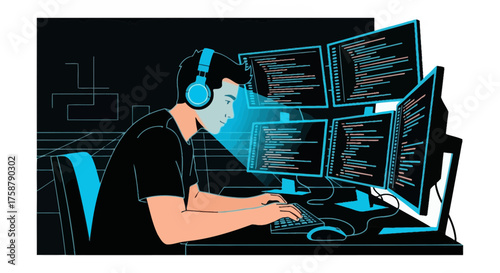 A Programmer Working on Several Computer Screens with Headphones in Dark Blue Theme