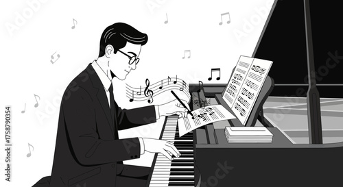 A Serious Pianist Composing Classic Orchestral Music on Elegant Grand Piano For Audience