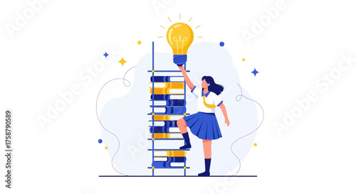 Achieving Enlightenment: Girl Climbing Ladder of Books Reaching For A Lightbulb Idea