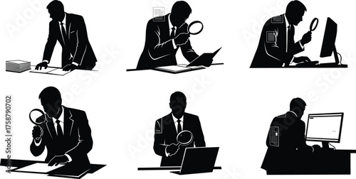 Investigation, scrutiny, magnifying glass, document analysis, computer inspection, business suit, research, audit, silhouette, desk work, analytical activity