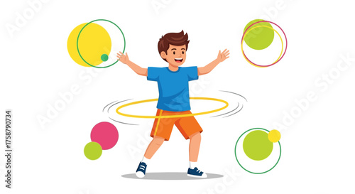A Cheerful Boy Entertains With Hula Hoop and Juggling Balls in Playful Activity