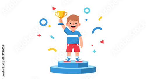 A Cheerful Illustrated Boy Celebrates Victory With a Shining Golden Trophy