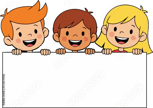 Cheerful kids holding blank sign for your message here