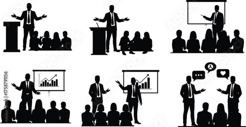 Presentation, public speaking, business lecture, audience engagement, podium, charts, speech bubbles, silhouette, bar graph, question mark, teamwork, discussion