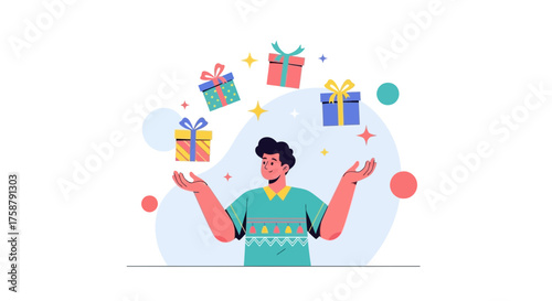 A Person Juggling Gifts Vector Illustration Ideal for Holiday Promotions or Festive Events