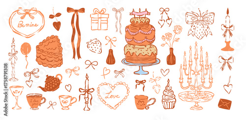 Hand drown vintage coquette cake. Outline clipart coquette line art vintage wedding birthday heart pink illustration.