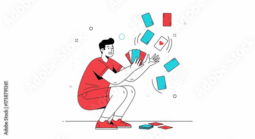 A Person Juggling Playing Cards in Dynamic Pose Vector Illustration on White Background