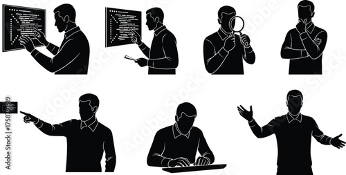 Silhouette, investigation, analysis, presentation, magnifying glass, teaching, thinking pose, instruction, scrutiny, writing, problem-solving, gesture, board, card