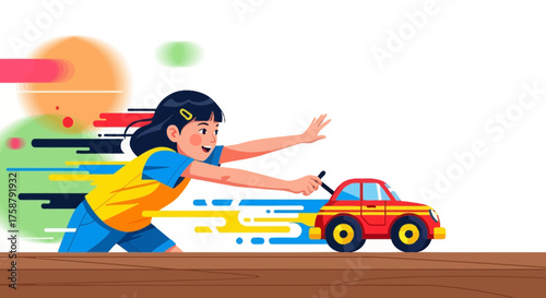 A Playful Kid Is Delighted Moving Her Toy Car With A Trail Of Colorful Speed