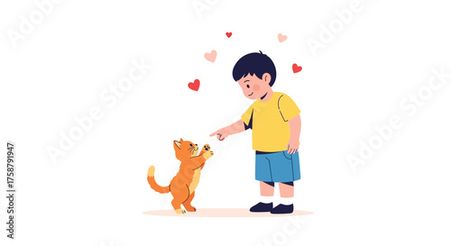 A Boy Interacting With A Playful Cat Amidst Floating Hearts Symbolizing Affectionate Bonds