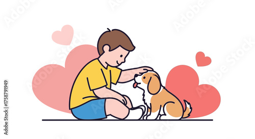 A Boy Happily Embraces His Dog Amidst Pink Hearts, Expressing Undying Affection