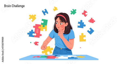 A Puzzled Young Woman Focused On Finding The Right Jigsaw Puzzle Piece And Completing The Task