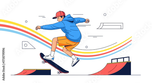 A Skateboarder Performs a Trick in a Modern Vector Style Illustration