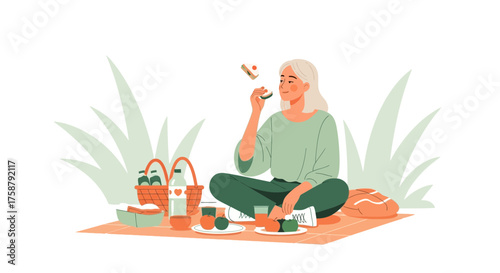 A Woman Enjoys a Picnic in a Park, Sitting and Eating on a Sunny Day