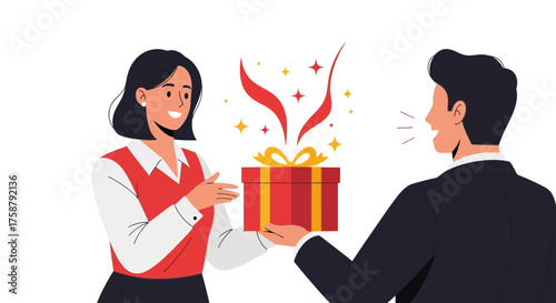 A Woman Presents a Gift to a Man Celebrating the Joyful Event Together