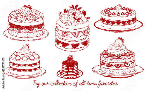 Hand drawn vintage stoberry cake vector set. Outline line art vintage party. Wedding birthday Pink-clip art.