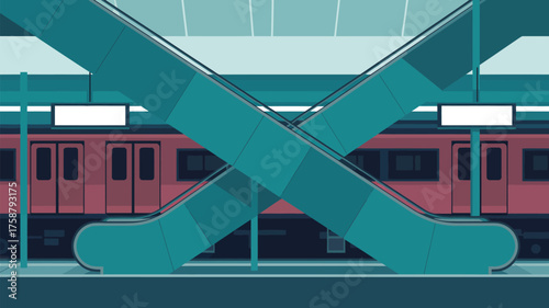 A stylized illustration of escalators crossing in front of a train at a subway station platform