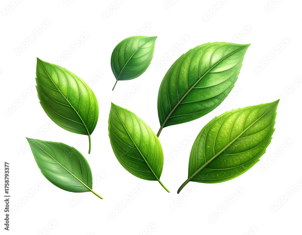 Fototapeta premium Grüne, schwebende Blätter, transparenter Hintergrund, PNG