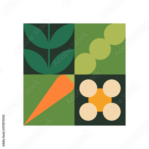 Green collage with contemporary pattern of nature. Modern wall art with stylized plants, farm vegetables, leaves, geometric shapes. Abstract ornament in cubism style. Flat vector illustration.