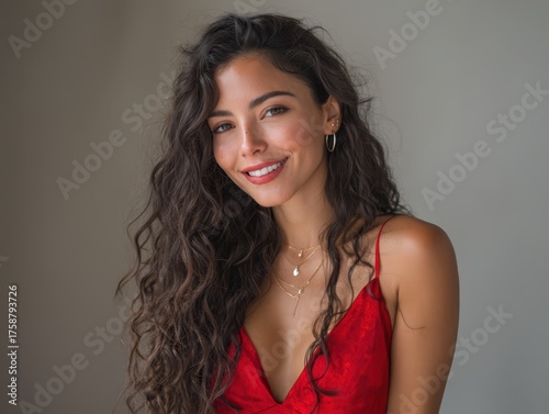 Curly-haired woman in a red...