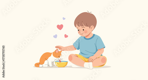 A Young Boy Cares Tenderly For A Kitten, Showing Affinity And Affection Towards Animals