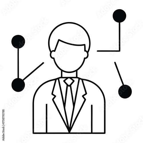 A smiling businessman in a black suit with a hat is a funny cartoon illustration vector character of a person at work