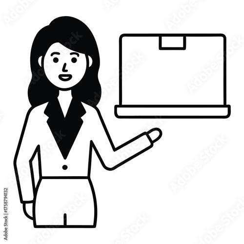 Businesswoman multitasking with laptop headset and blank sign in office environment