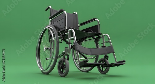 A detailed 3D render of a modern wheelchair on a plain green background.