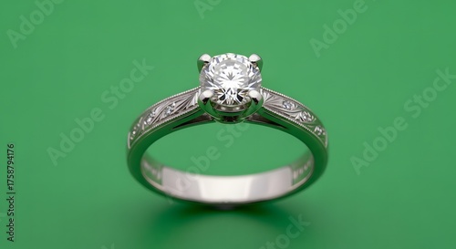 Elegant Diamond Engagement Ring with Pave Band on Green Background.
