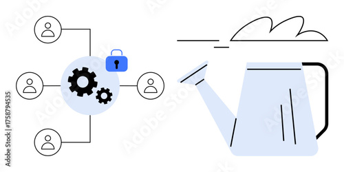 Interconnected nodes with user icons linked to gears and padlock for secure data sharing beside a watering can symbolizing innovation. Ideal for teamwork, growth, creativity, cybersecurity