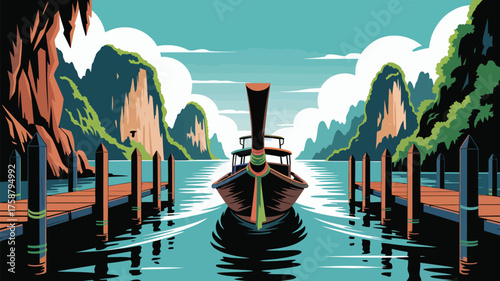 Boat approaching from sea towards dock with mountains and clouds in the background on a sunny day