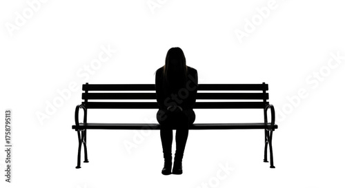 Silhouette of Lonely Woman Sitting Alone on Park Bench