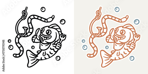 Illustration of fish holding knife and fork excited to eat earth worm bait on fish hook cartoon character design template for sticker, poster, fish farm, fish bait product, fishing community and store