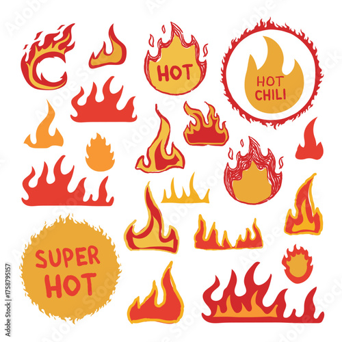 Hand drawn red fire icons collection doodle . Flames stickers rock style crayon shapes burning vector.
