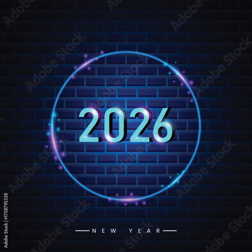 2026 New Year number, bright neon ring, glowing light particles, dark brick wall background, vibrant celebration, modern event design.