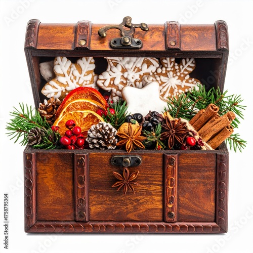 Wooden Treasure Chest Filled with Holiday Treats on White Background