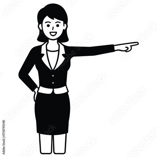 Businesswoman presenting with blank sign smiling in black suit cartoon vector illustration