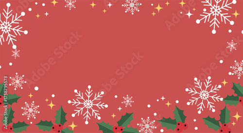 Festive christmas background with snowflakes and holly berries for holiday greetings