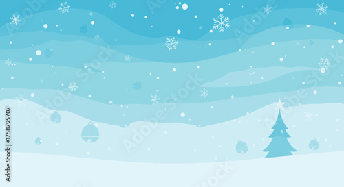 Winter landscape with falling snow and a lone evergreen tree
