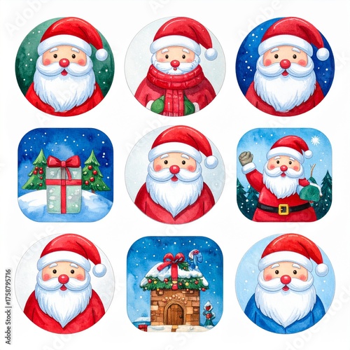 Collection of Watercolor Santa Claus Holiday Illustrations on White Background