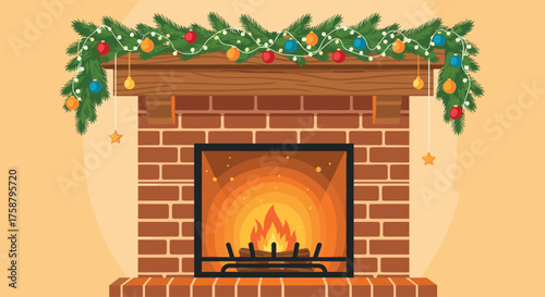 Cozy christmas fireplace with garland and lights