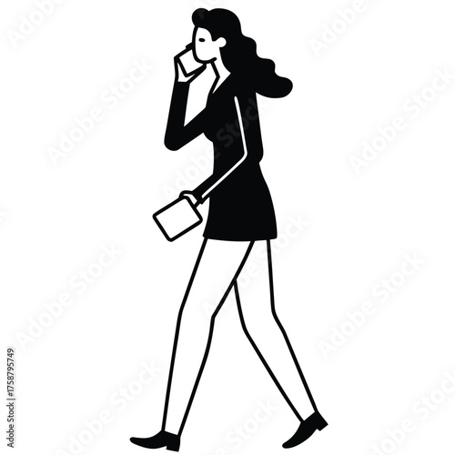 Silhouette of a female photographer and singer holding a microphone in a stylish vector illustration